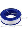 Single roll of PTFE plumbers tape with dimensions, used for sealing faucet leaks and high temperature plumbing pipe repairs.