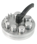 Circle Disc Cutter Kit with 10 punches for jewelry making, featuring rubber base and cutting block, cuts up to 20 gauge metal.