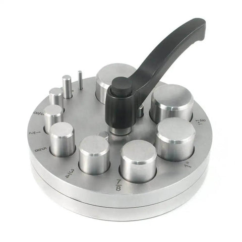 Circle Disc Cutter Kit with 10 punches for jewelry making, featuring rubber base and cutting block, cuts up to 20 gauge metal.