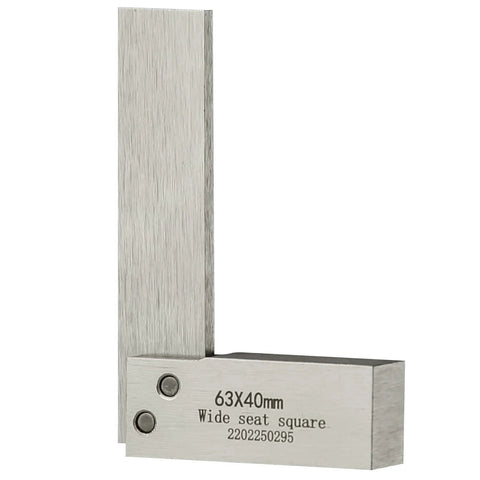 Front view of two-piece silver hardened-steel machinist square set with 63x40mm wide seat