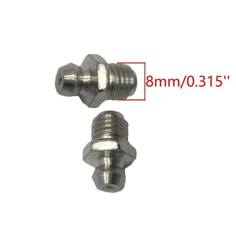 Close-up of two silver tone zerk grease nipples from 20 Piece M8 Straight Steel Zerk Grease Nipple Set With Male Thread M8X1.0