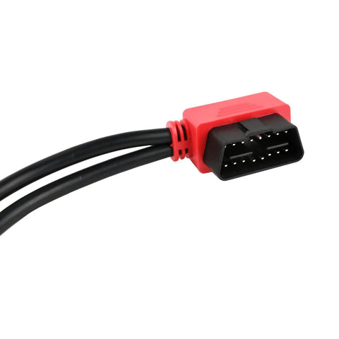 Close-up of 30cm Right Angle OBD2 Y Splitter Cable 1 Male 2 Female J1962 Adapters 16 Pin Pass Through CAN Enabled cable end