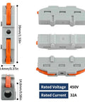 50 Pack Lever Wire Nuts Tool Free Quick Connect Wire Connectors Heavy Duty Splicing Terminal Blocks showcasing dimensions and ratings.
