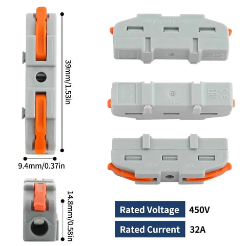 50 Pack Lever Wire Nuts Tool Free Quick Connect Wire Connectors Heavy Duty Splicing Terminal Blocks showcasing dimensions and ratings.