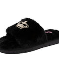 Women's Buttery Soft Faux Fur Slide Slippers Featuring Open Toe Fuzzy House Shoes With Sparkly Rhinestone Script Detail Dark Leopard Print For Total Homebody Chill Vibes Small Fit, black with crown detail.