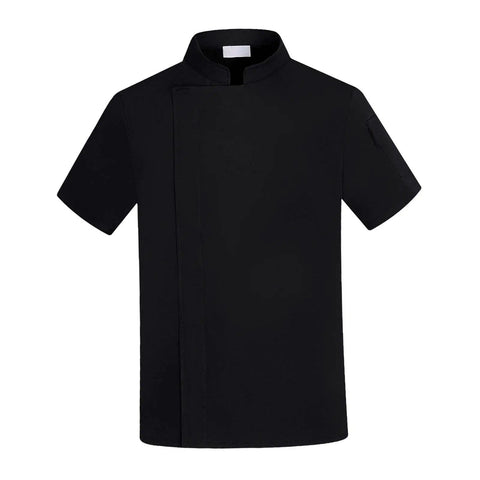 2 Pack Short Sleeve Chef Coat, Unisex Kitchen Uniform with Button Closure, Flexible Cook Shirt in black, short sleeve design.