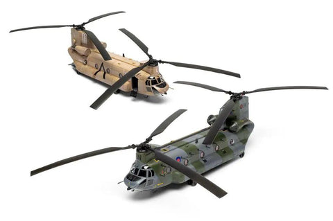 Two Boeing Chinook HC1 1 To 72 Scale Model Kit With Sprues And Decals Plastic Helicopter models in tan and green camouflage.