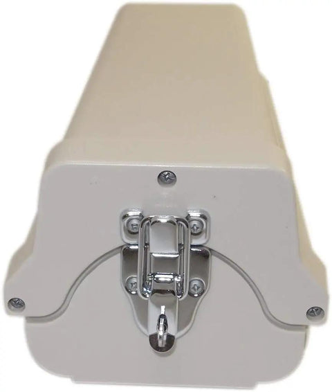 Front view of Two In One Heavy Duty Aluminum Outdoor CCTV Housing Box with hinged lid and lockable clasp in beige color.