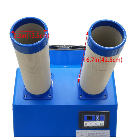 Heavy Duty Mobile Evaporative Air Cooler With Adjustable Airflow And Temperature Settings 14L showing dual exhaust vents and control panel.