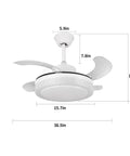 36 Inch Smart Retractable Ceiling Fan With Bluetooth Speaker For Kids Room, white fan dimensions with blades extended.