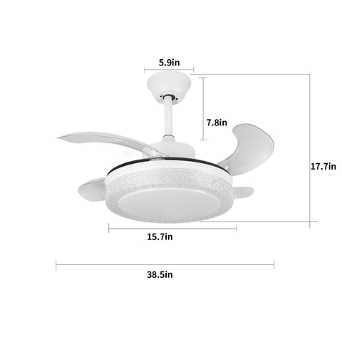 36 Inch Smart Retractable Ceiling Fan With Bluetooth Speaker For Kids Room, white fan dimensions with blades extended.
