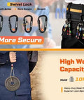 Carabiners with swivel lock on a tool belt, person holding weight, demonstrating strength and security, high weight capacity, 10kg.