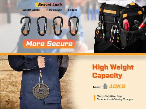 Carabiners with swivel lock on a tool belt, person holding weight, demonstrating strength and security, high weight capacity, 10kg.