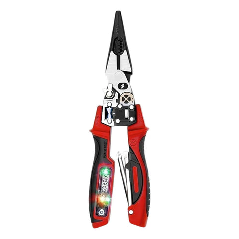 Pro Grade Wire Stripping Tool With Built-In Electricity Tester for pulling, cutting, and crimping, shown with ergonomic red grip.