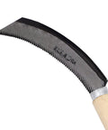 Harvest Sickle With Wooden Handle, Serrated 5 Inch Blade, Straight End For Clean Cuts, close-up of serrated blade edge.