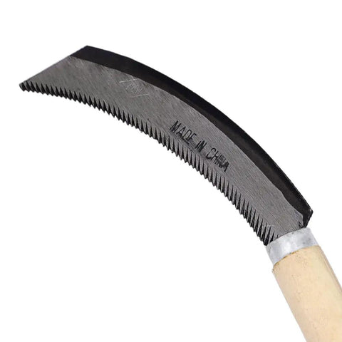 Harvest Sickle With Wooden Handle, Serrated 5 Inch Blade, Straight End For Clean Cuts, close-up of serrated blade edge.