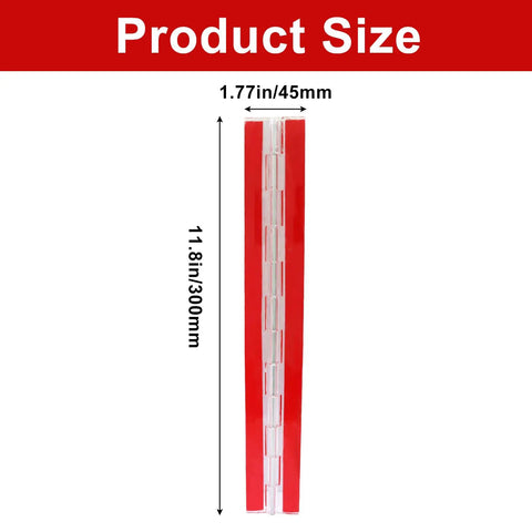 Slick Clear Acrylic Continuous Piano Hinge Two Pack Hella Durable Self Adhesive Peel And Stick Transparent Hinges For Cabinetry And Hardware Projects That Lock In Place Forever, 11.8 in size with measurements shown.