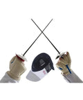 Foil Fencing Mask with Removable Lining for easy cleaning displayed alongside crossed swords, showcasing Lightweight Stainless Mesh Helmet.