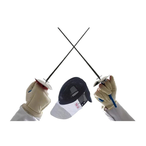 Foil Fencing Mask with Removable Lining for easy cleaning displayed alongside crossed swords, showcasing Lightweight Stainless Mesh Helmet.