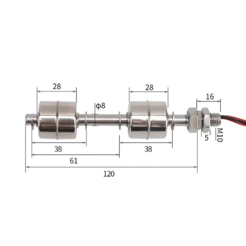 Stainless Steel Float Switch Flow Sensor With Dual Ball Mechanism For Water Level Monitoring In Tanks Pools And Systems 120mm 220V Durable Construction For Harsh Environments And Easy Installation. 120mm stainless steel dual-ball float switch with M10 thread