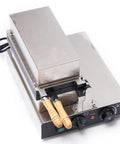 Slap Together Delicious Treats With This Commercial 1800W Bubble Skewer Waffle Ball Machine Featuring Dual Heating Plates And Simple Temp Controls For Fast Snack Fixes And Crowd Pleasers, showing stainless steel design and wooden handles.