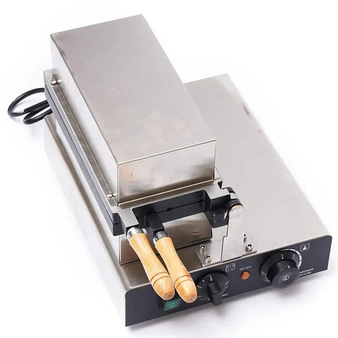 Slap Together Delicious Treats With This Commercial 1800W Bubble Skewer Waffle Ball Machine Featuring Dual Heating Plates And Simple Temp Controls For Fast Snack Fixes And Crowd Pleasers, showing stainless steel design and wooden handles.