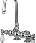 Old School Vintage Clawfoot Tub Filler With Leg Extensions And Two Inch Risers Porcelain Lever Handles Deck Mount Spout Reach Polished Chrome Finish Solid Brass Construction One Quarter Turn Ceramic Disc Valves For Smooth Control, polished chrome finish, deck-mount, front view