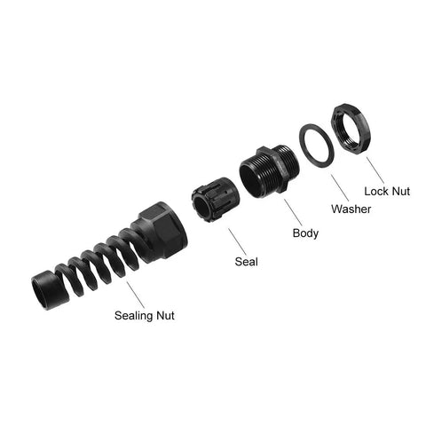 IP68 Waterproof M25 Cable Gland Nylon Joint With Strain Relief For 13mm To 18mm Wire Diameter Adjustable Locknut Dust Proof And Anti Acid Alcohol Resistant Junction Box Accessory 2 Pack exploded view with sealing nut, seal, body, washer, and lock nut