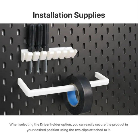 Skådis Tape And Tool Holder Pegboard Organizer for tape rolls and accessories in black, installed on pegboard with screwdrivers.