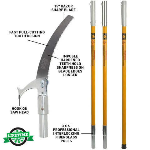 18 Foot Pole Saw Kit Featuring A 15 Inch Rust Resistant Blade And Three Interlocking Yellow Fiberglass Poles To Knock Out Overgrown Canopy Branches With Zero Sweat