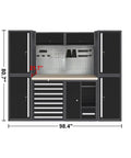 Heavy Duty Industrial Storage Cabinet With Integrated Wooden Workbench And Steel Tool Chest Organizer For Garage Or Workshop Setup, 80.7" x 98.4", black steel frame with wooden top.