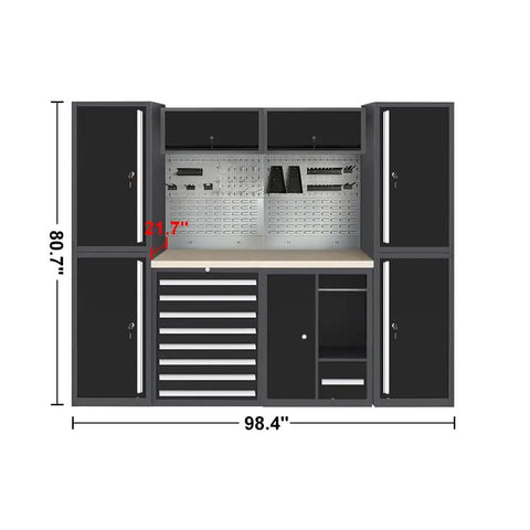 Heavy Duty Industrial Storage Cabinet With Integrated Wooden Workbench And Steel Tool Chest Organizer For Garage Or Workshop Setup, 80.7" x 98.4", black steel frame with wooden top.