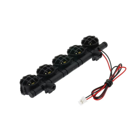 Premium Quality Heavy Duty Metal Roof Rack And Luggage Tray Kit For Twelfth Scale RC Whips With Integrated Cab Light Upgrade showing five lights with wiring