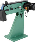 Heavy Duty 4 HP Metal Belt Sander and Grinder with 3x79 Inch Abrasive Belt 220V 3 Phase Motor showing green housing and motor.
