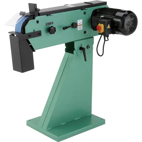 Heavy Duty 4 HP Metal Belt Sander and Grinder with 3x79 Inch Abrasive Belt 220V 3 Phase Motor showing green housing and motor.
