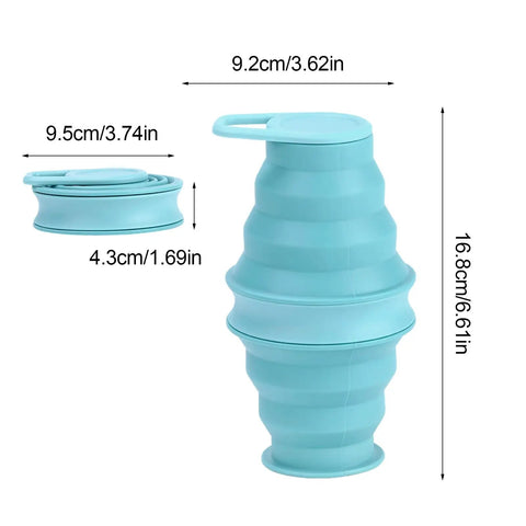 Foldable Silicone Water Bottle For Travel And Gym, Ultra Lightweight Leak Proof Hydration Flask shown expanded and folded, with dimensions.