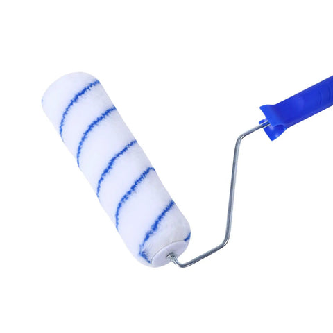 Heavy Duty Paint Roller Kit With Telescopic Extension Pole For Interior Walls And Ceilings Extends Comfortably To Crank Out Flawless Coats Ladder Free On Any Weekend Reno Project close-up of roller with blue stripes.