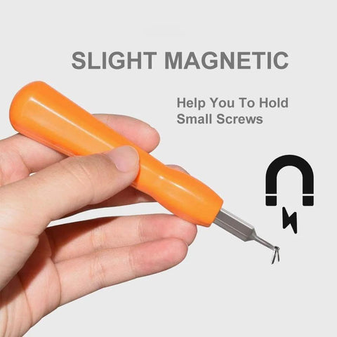Hand holding magnetic orange Video Doorbell Screwdriver Set With Torx T6 And T15 Bits for Battery Replacement and WiFi Reset.