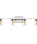 Front view of 4 Light Brushed Nickel Crystal Vanity Light Fixtures With Dimmable LED Over Mirror, mounted on a wall.