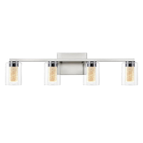 Front view of 4 Light Brushed Nickel Crystal Vanity Light Fixtures With Dimmable LED Over Mirror, mounted on a wall.