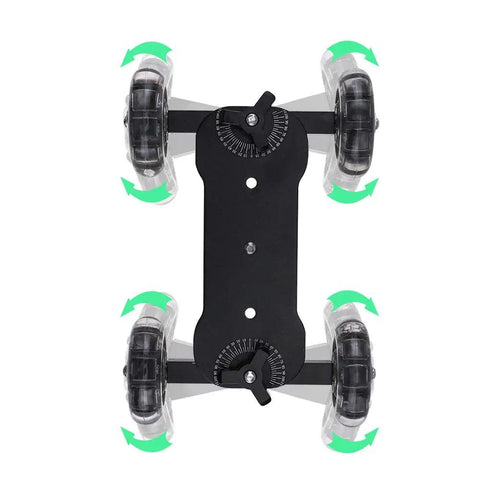 4 Wheel Camera Dolly On Track For Smooth Shots, Tabletop Video Slider With Silica Gel Wheels, top view showing adjustable wheels.