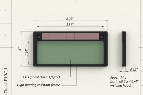 Killer Auto Darkening Welding Lens Fits Classic Two By Four One Quarter Frames With Shade Ten Ultra Clear Cool Blue Optics dimensions and details.