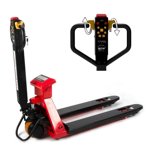 Huge Capacity Electric Pallet Jack With Built In Scale For Warehouse Moving Heavy Loads Up To 4400 Lbs control panel and forks view
