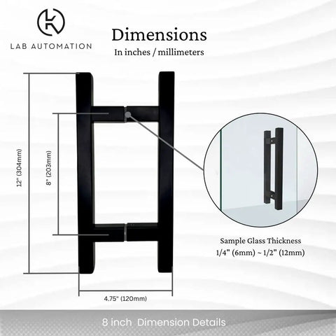 Heavy Duty H Shape Ladder Door Handle For Shower Glass Doors Slick Matte Black Finish dimensions diagram with measurements.