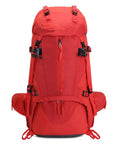 Front view of a red large capacity outdoor hiking and mountaineering backpack with multiple pockets and waterproof design.