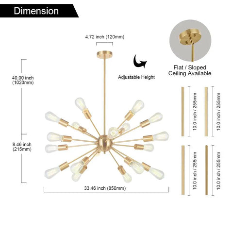 Dimensions of Huge 18 Light Black Sputnik Chandelier Mid Century Modern Pendant Lighting shown with adjustable height.