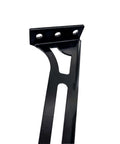 Close-up of black STILEALUS steel amplifier rack bracket with top flange and three mounting holes.