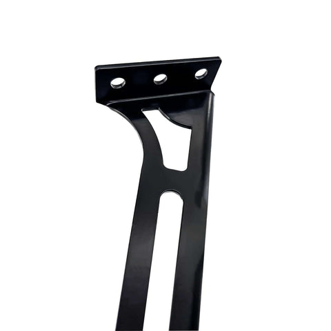Close-up of black STILEALUS steel amplifier rack bracket with top flange and three mounting holes.