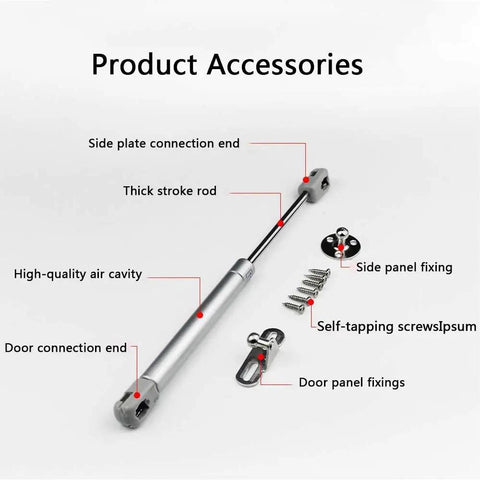 2 Pack 120N Gas Spring Strut Shocks For Cabinets And Toy Boxes With Soft Close Hinges, showing assembly components labeled.