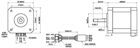 Technical diagram of Beefy Nema 17 Stepper Motor Set Pack of 3 With 2A 55Ncm Bipolar Torque, showing dimensions and wiring details.